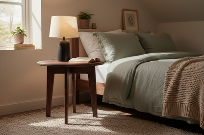 Cozy bedroom with a bed, side table, and lamp.