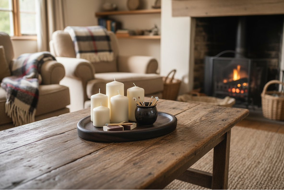 Candles on a wooden table in a cozy living room with a fireplace.