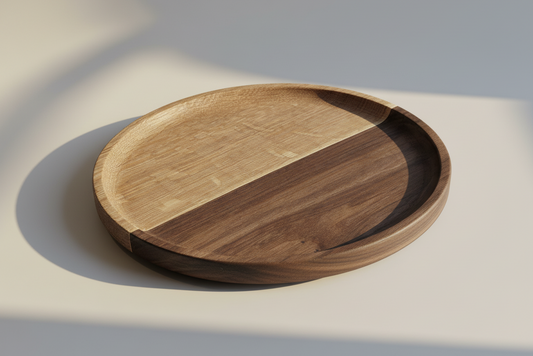 Wooden plate with two different wood finishes on a light background