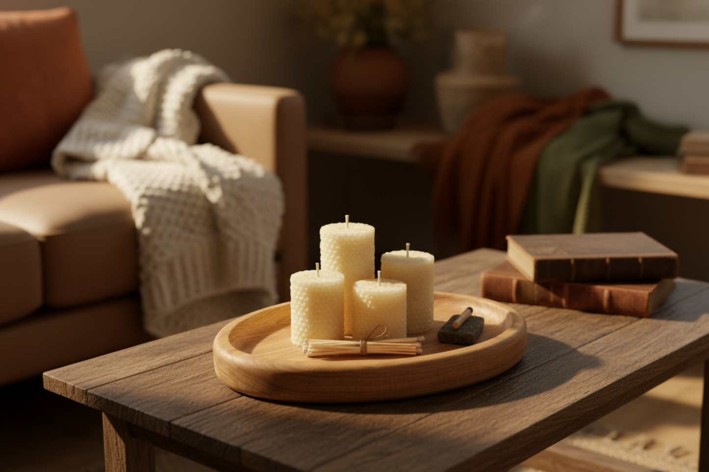 Candles on a wooden tray on a coffee table in a cozy living room.
