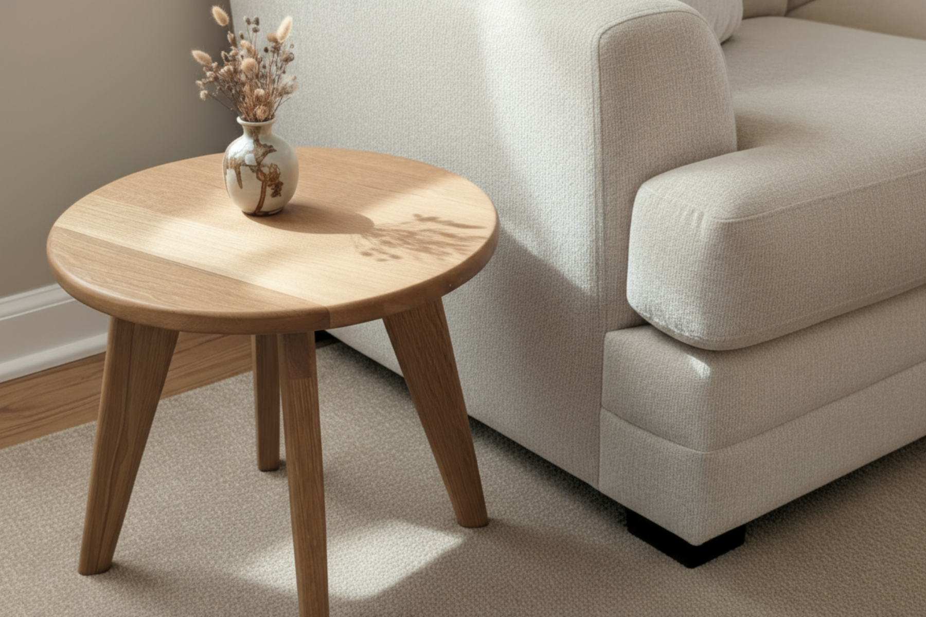 Wooden stool on a rug with a neutral wall background