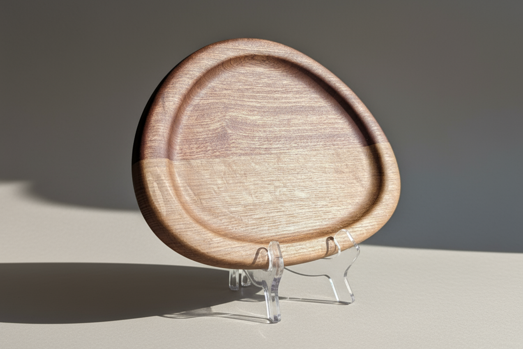 Wooden tray on a clear stand against a neutral background