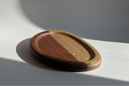 Wooden tray with two-tone finish on a white surface