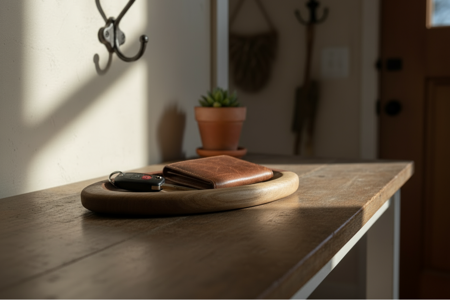 Brown leather wallet and car key on a wooden surface with a blurred background