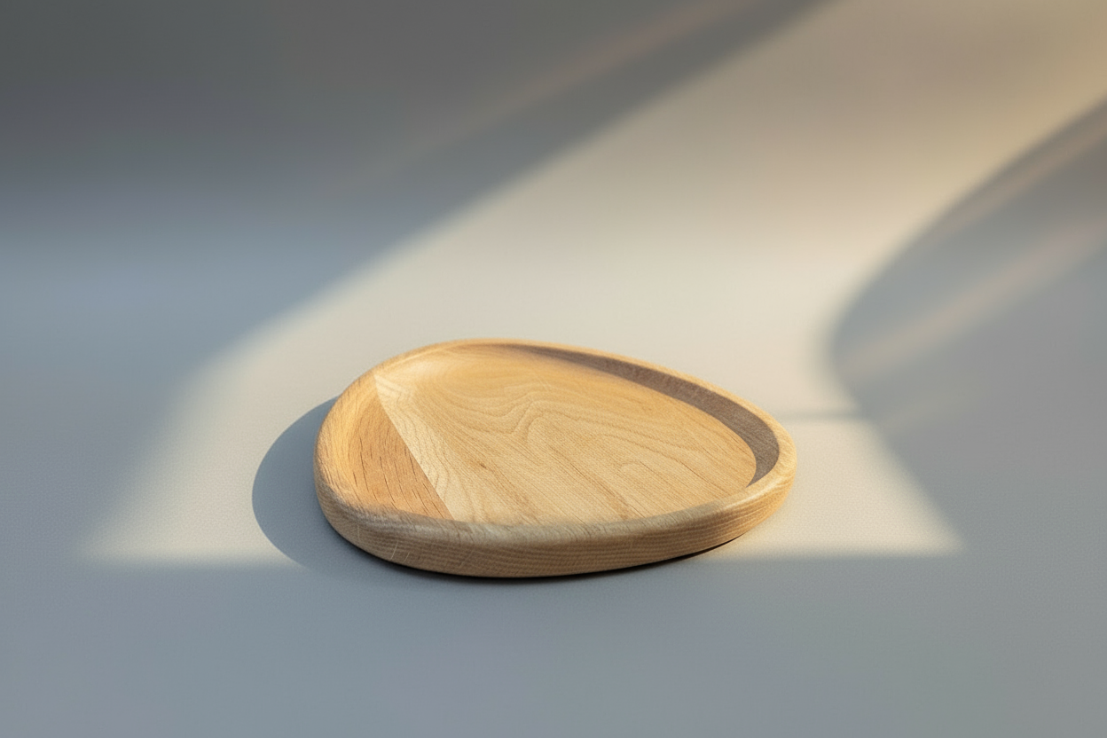 Wooden plate on a light gray surface with soft shadows