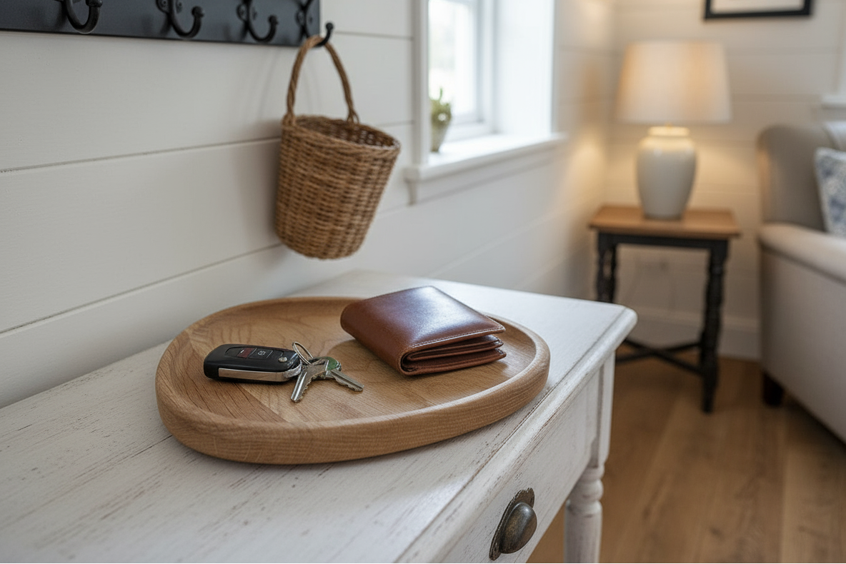 Wooden tray with wallet, keys, and car keychain on a white dresser in a room with a lamp and window.
